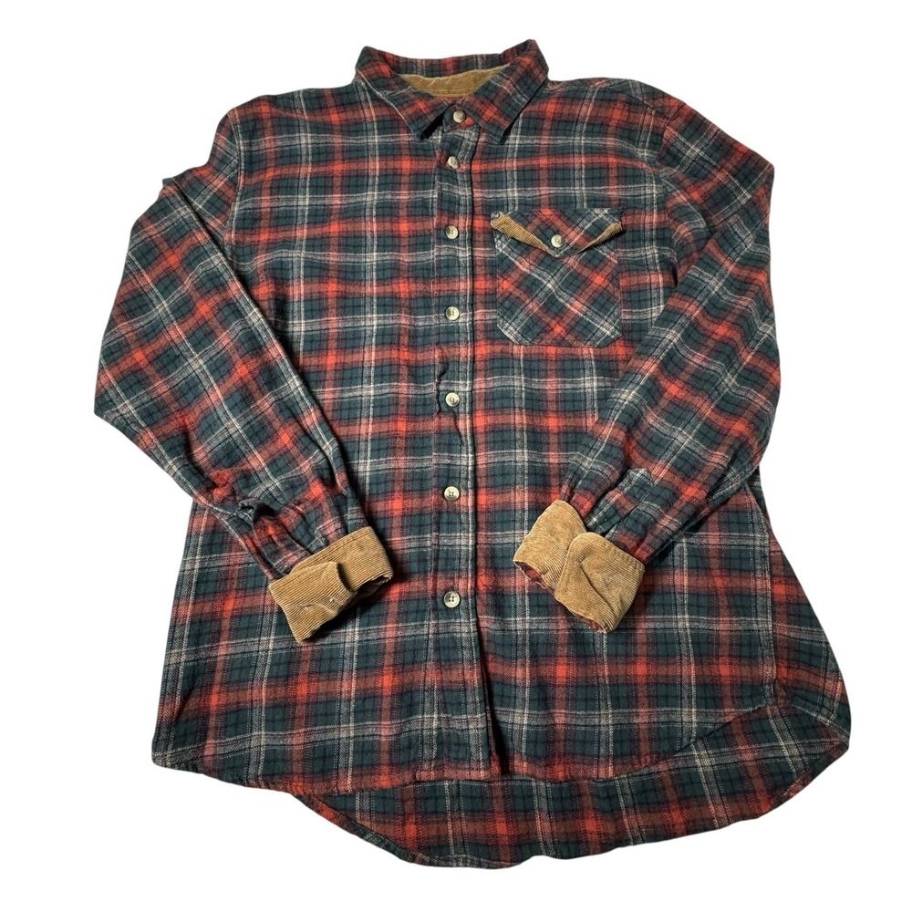 CQR‎ Men's L Plaid Flannel Long Sleeve Button Up Shirt Green Brown Cotton